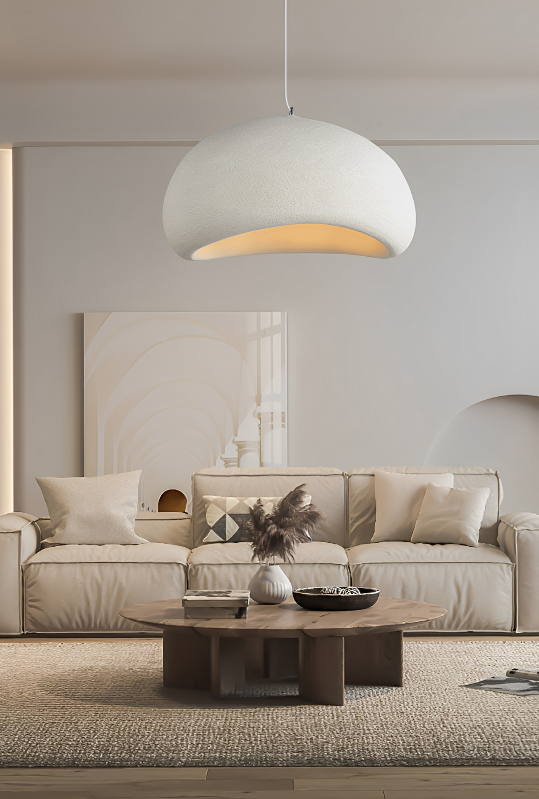 Nowoczesna lampa wisząca Kanso o czystym designie, w stylu Wabi Sabi, w jasnych i szarych odcieniach, z nowoczesnymi liniami, tworząca spokojną atmosferę we wnętrzu.