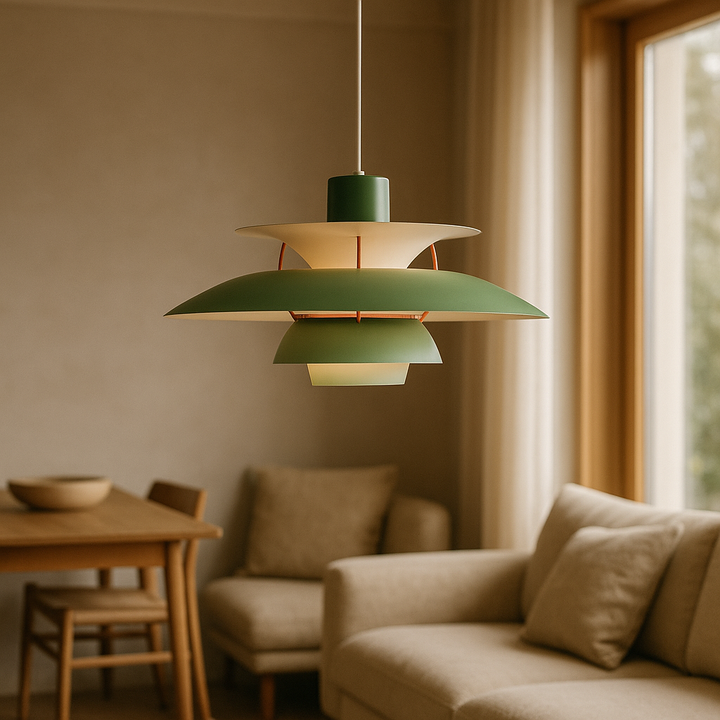 Nowoczesna lampa wisząca w stylu skandynawskim, o eleganckiej formie i trwałych materiałach, tworząca ciepłą atmosferę w oświetleniu wnętrz.