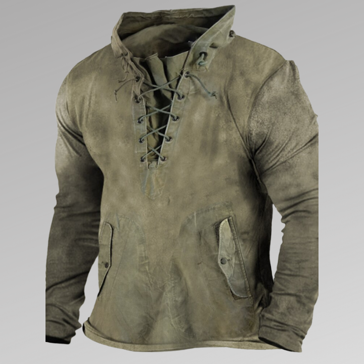 Męska bluza z kapturem Rugged Elegance, unikalne sznurowanie z przodu, kieszenie boczne, styl vintage w kolorze khaki. Zdjęcie 1.