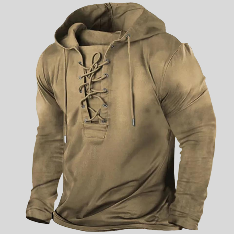 Męska bluza z kapturem Rugged Elegance, unikalne sznurowanie z przodu, kieszenie boczne, styl vintage w kolorze khaki. Zdjęcie 2.