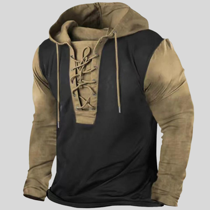 Męska bluza z kapturem Rugged Elegance, unikalne sznurowanie z przodu, kieszenie boczne, styl vintage w kolorze khaki. Zdjęcie 3.