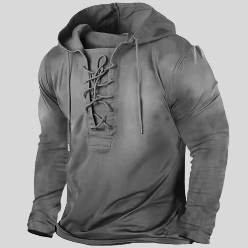 Męska bluza z kapturem Rugged Elegance, unikalne sznurowanie z przodu, kieszenie boczne, styl vintage w kolorze khaki. Zdjęcie 4.