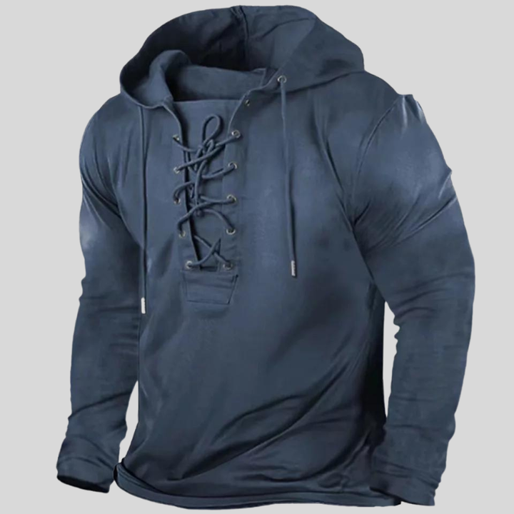 Męska bluza z kapturem Rugged Elegance, unikalne sznurowanie z przodu, kieszenie boczne, styl vintage w kolorze khaki. Zdjęcie 5.