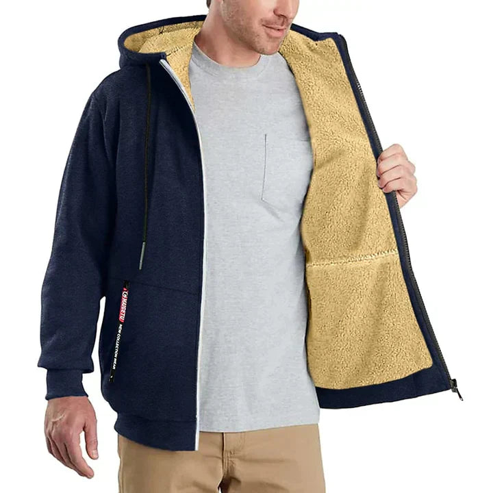 Męska bluza polarowa z kapturem na zamek na zimę, nowoczesny styl, dostępna w różnych kolorach i rozmiarach S do 3XL.