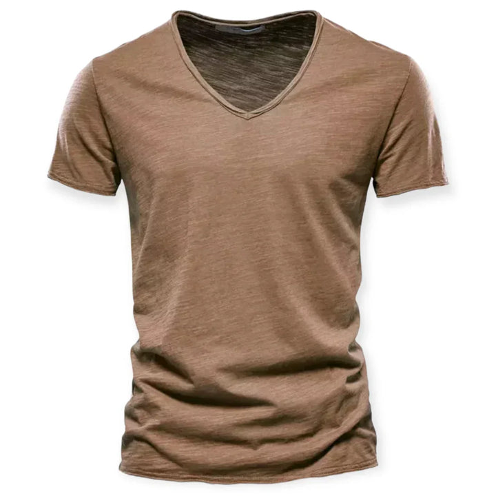 Męski T-shirt z dekoltem V, wygodny, z krótkim rękawem, idealny do eleganckiego i komfortowego codziennego stylu.
