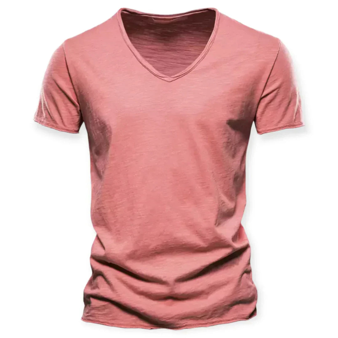 Męski T-shirt z dekoltem V, wygodny, z krótkim rękawem, idealny do eleganckiego i komfortowego codziennego stylu.