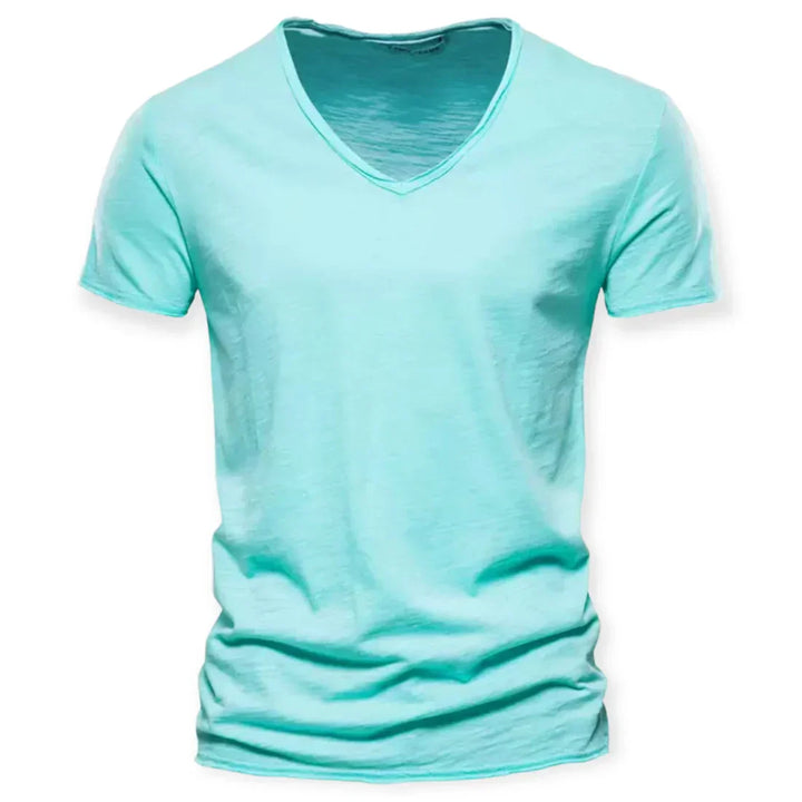 Męski T-shirt z dekoltem V, wygodny, z krótkim rękawem, idealny do eleganckiego i komfortowego codziennego stylu.