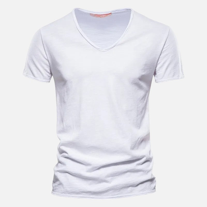 Męski t-shirt bawełniany z dekoltem w serek, krótkimi rękawami, miękki, przewiewny, nowoczesny i wygodny, idealny na każdą okazję.