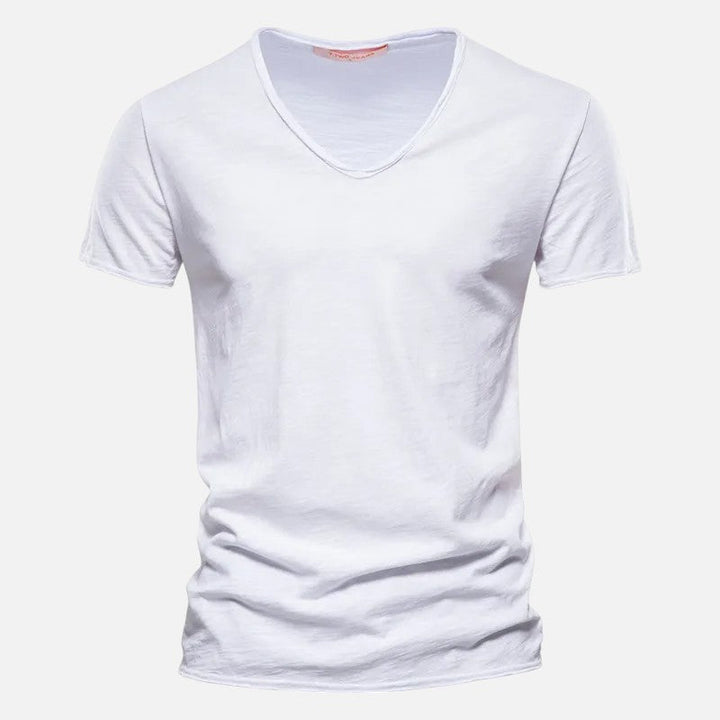 Męski t-shirt bawełniany z dekoltem w serek, krótkimi rękawami, miękki, przewiewny, nowoczesny i wygodny, idealny na każdą okazję.
