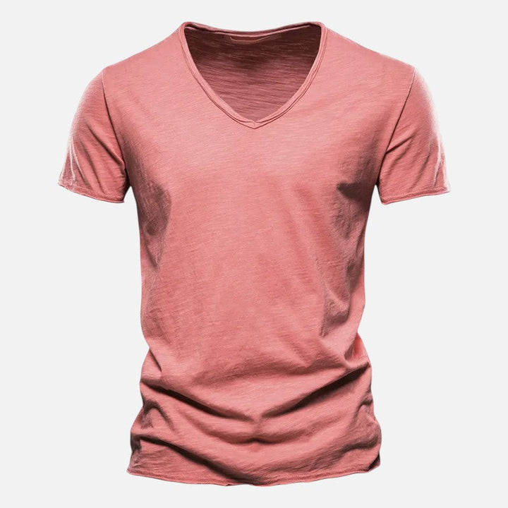 Męski t-shirt bawełniany z dekoltem w serek, krótkimi rękawami, miękki, przewiewny, nowoczesny i wygodny, idealny na każdą okazję.