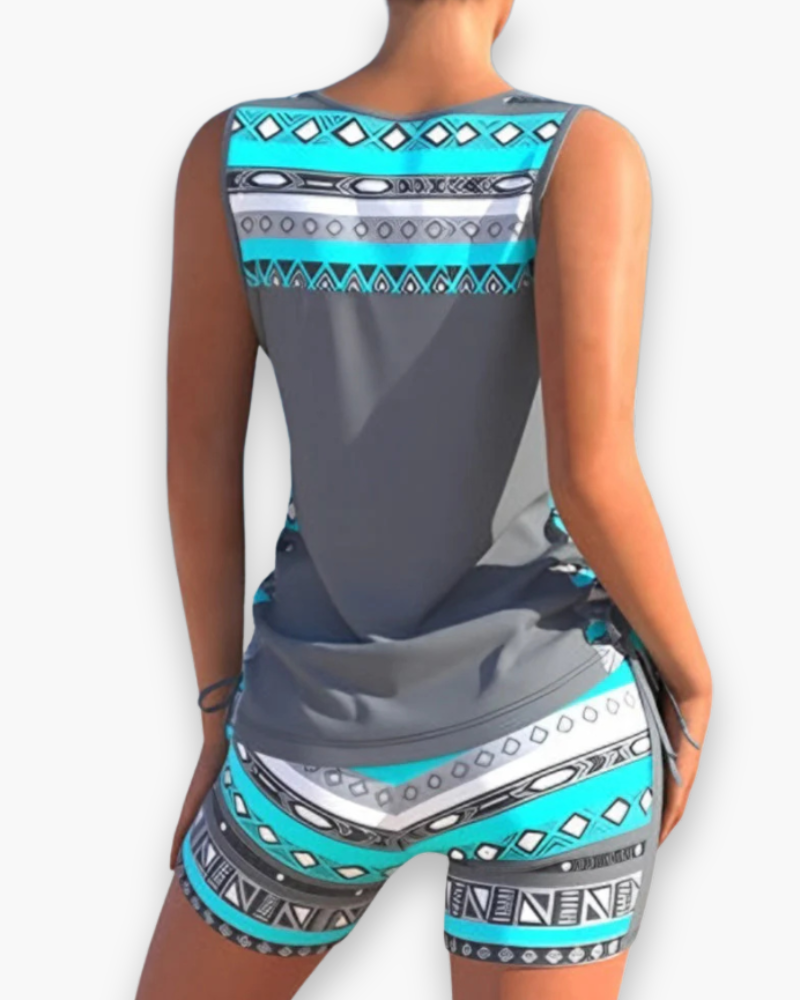 Eleganckie damskie dwuczęściowe tankini, podkreślające figurę, widok z przodu, idealne na plażę lub basen