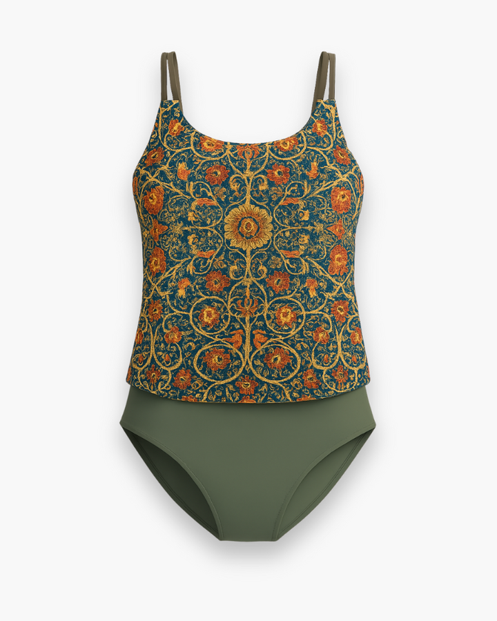 Eleganckie tankini damskie, nowoczesne wzory, lekki materiał, regulowane ramiączka, idealne na plażę i basen, letni styl.