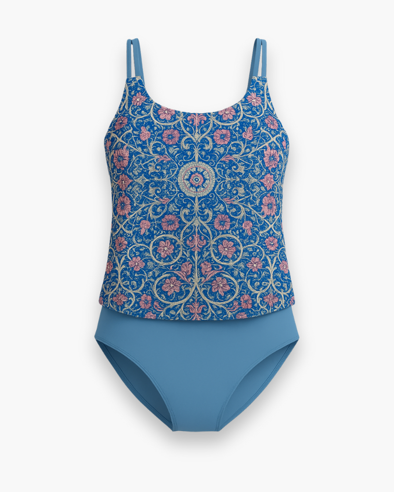 Eleganckie tankini damskie, nowoczesne wzory, lekki materiał, regulowane ramiączka, idealne na plażę i basen, letni styl.
