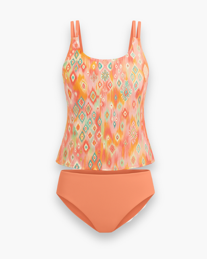 Eleganckie tankini damskie, nowoczesne wzory, lekki materiał, regulowane ramiączka, idealne na plażę i basen, letni styl.