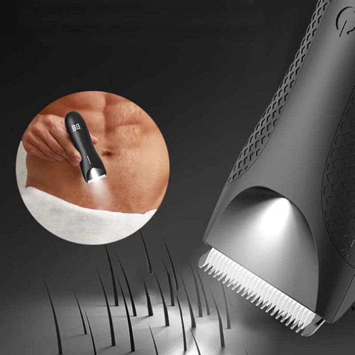Wodoodporny trymer do ciała dla mężczyzn o ergonomicznym kształcie i wskaźnikiem LED, idealny do precyzyjnego i komfortowego golenia.