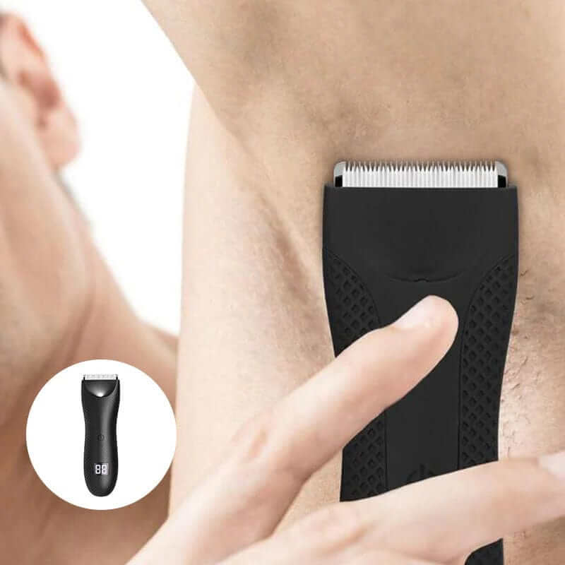 Wodoodporny trymer do ciała dla mężczyzn o ergonomicznym kształcie i wskaźnikiem LED, idealny do precyzyjnego i komfortowego golenia.
