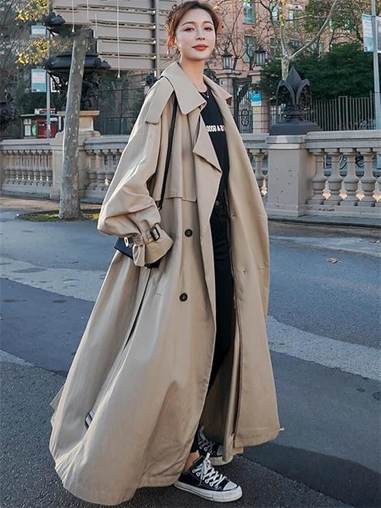 Długi trencz oversize dla kobiet, stylowy i elegancki, wysokiej jakości tkanina w kolorze khaki, wyrafinowany i wygodny wygląd.