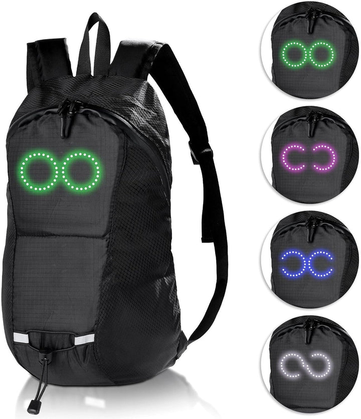 Boczny widok plecaka LED Nexora, uniseks, z panelem LED, wodoodporny, na festiwal.