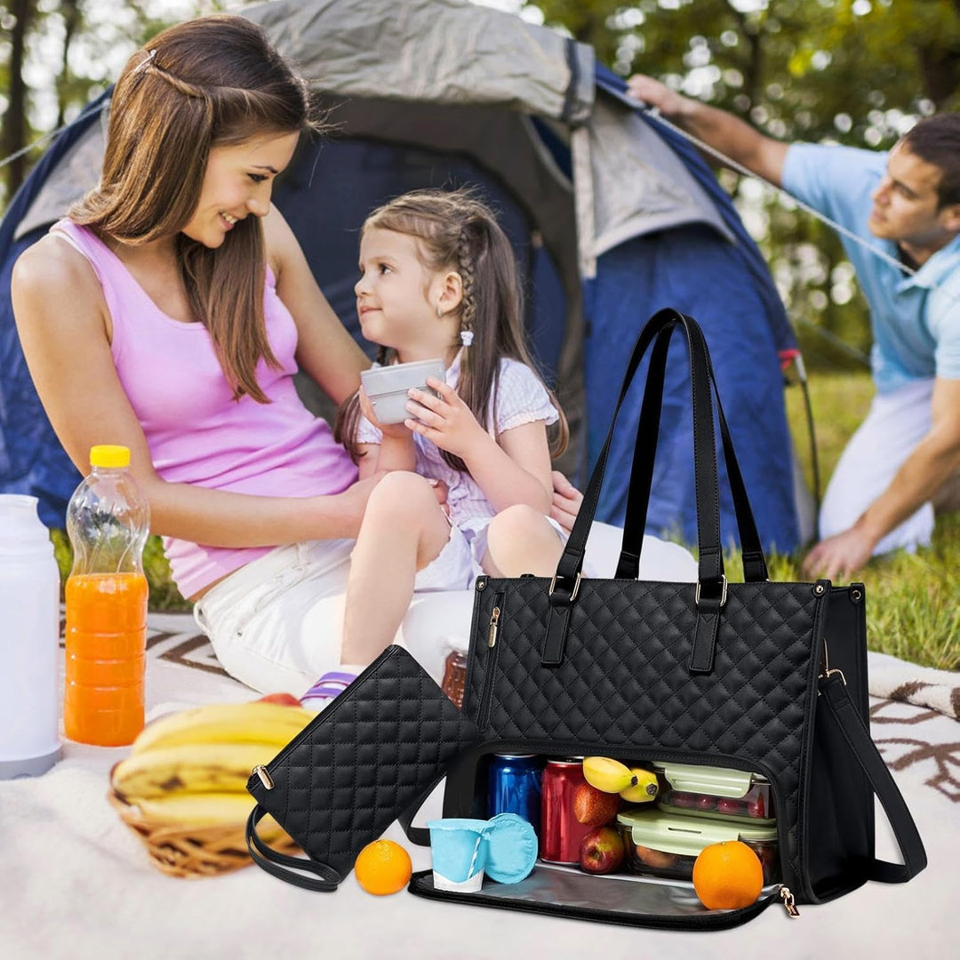 Pojemna torba 2w1 z izolowaną przegrodą na lunch i osobną na laptopa, z wieloma kieszeniami na akcesoria.