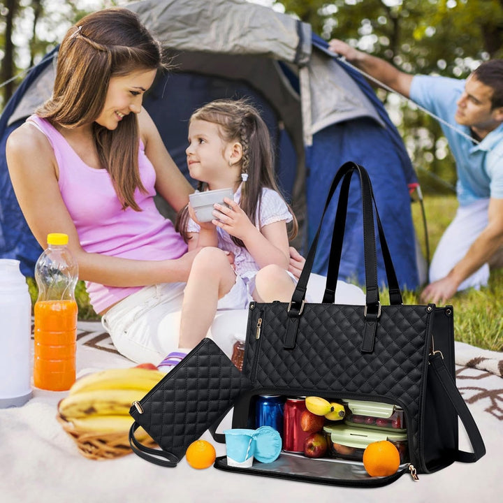 Pojemna torba 2w1 z izolowaną przegrodą na lunch i osobną na laptopa, z wieloma kieszeniami na akcesoria.