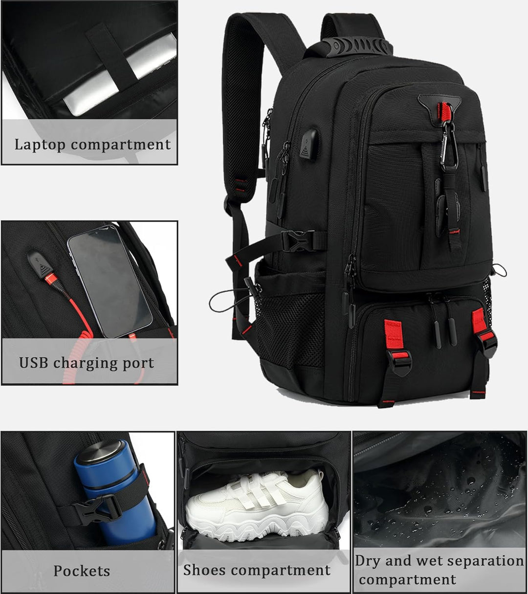 Pojemny plecak turystyczny 60L z osobną komorą na laptopa i buty. Wodoodporny, z portem USB, idealny do podróży.