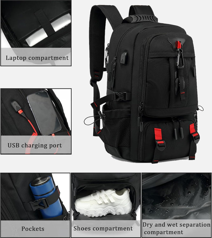 Pojemny plecak turystyczny 60L z osobną komorą na laptopa i buty. Wodoodporny, z portem USB, idealny do podróży.