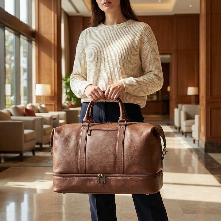 Unisex skórzana torba podróżna weekendowa, elegancka, duża pojemność na wyjazdy, czarna.