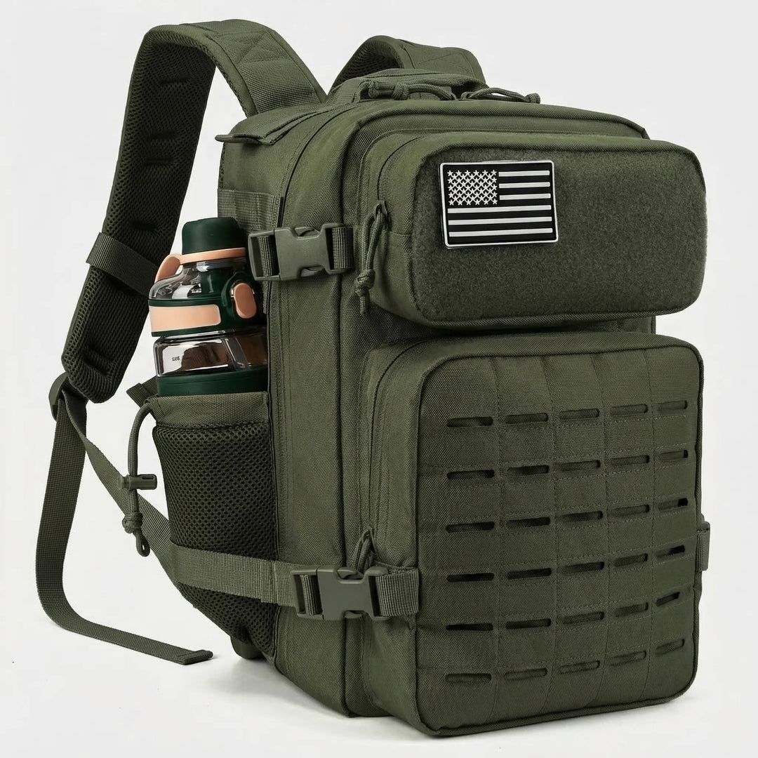 Widok z tyłu: plecak taktyczny outdoor z ergonomicznym panelem i wieloma kieszeniami. Unisex.