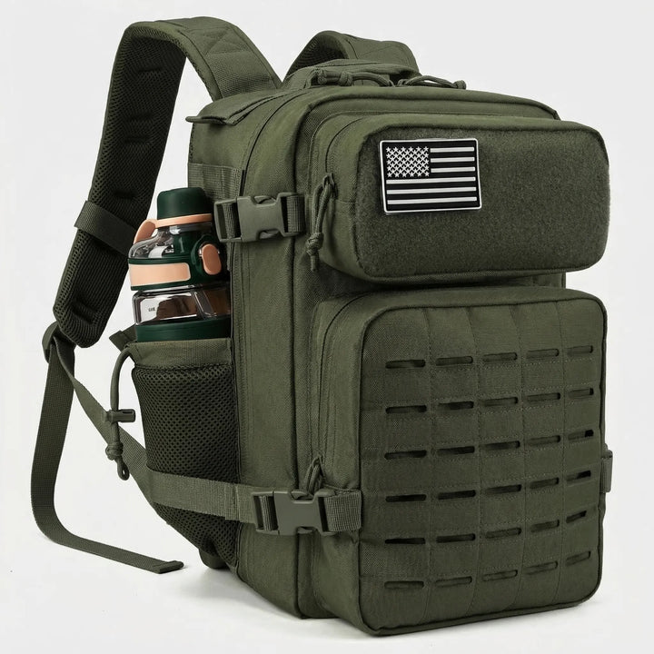 Widok z tyłu: plecak taktyczny outdoor z ergonomicznym panelem i wieloma kieszeniami. Unisex.
