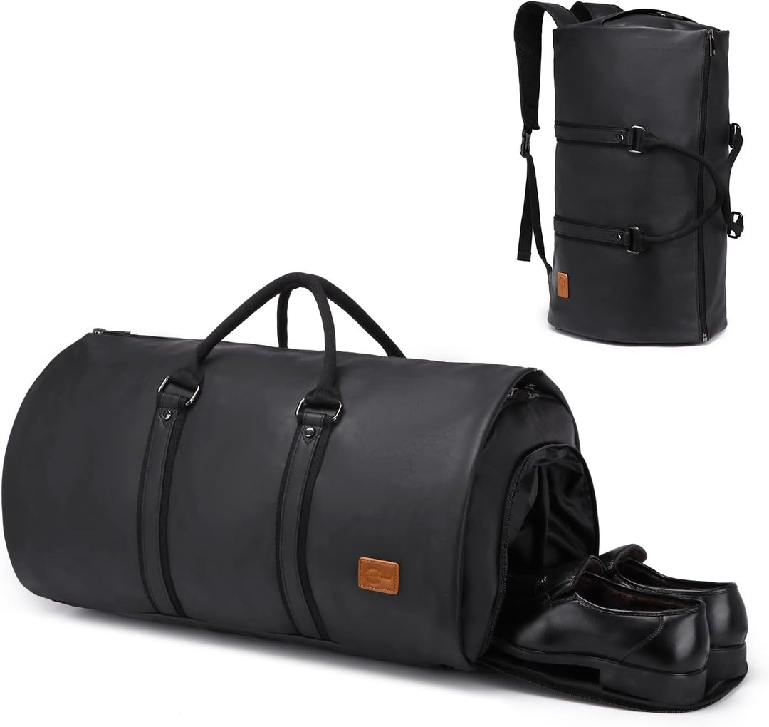 Detal: elegancka czarna skóra PU. Konwertowalna torba podróżna duffel, stylowy weekender.