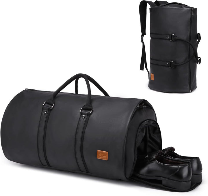 Detal: elegancka czarna skóra PU. Konwertowalna torba podróżna duffel, stylowy weekender.