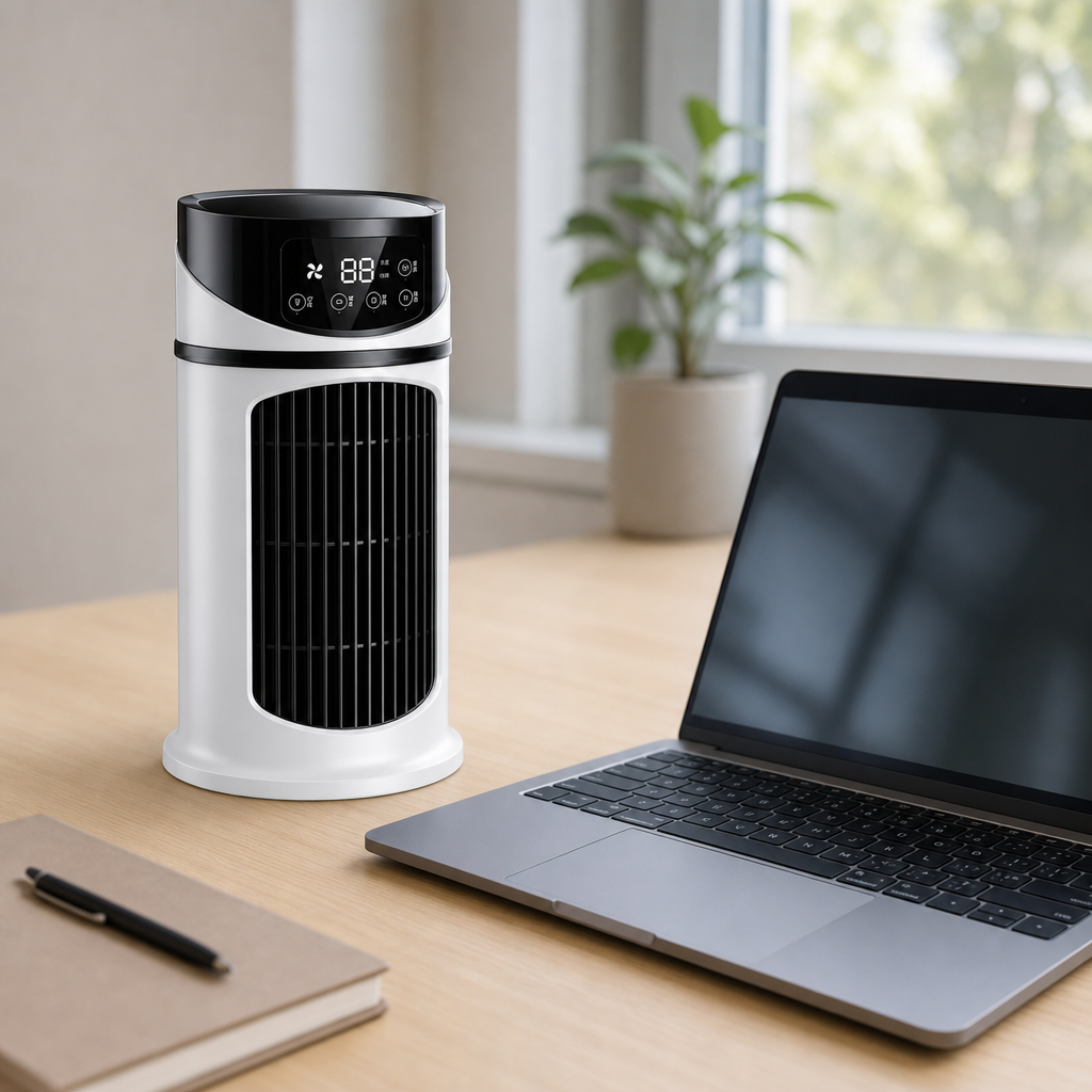 Przenośny klimator USB na biurku, zapewniający chłodzenie i nawilżanie powietrza. Stwórz komfortowe środowisko pracy.