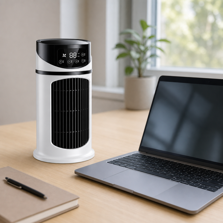 Przenośny klimator USB na biurku, zapewniający chłodzenie i nawilżanie powietrza. Stwórz komfortowe środowisko pracy.