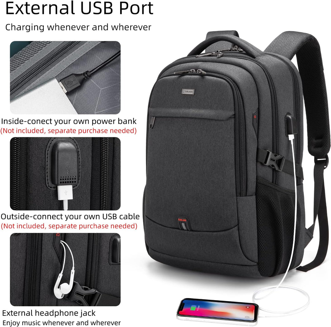 Widok z przodu: Nowoczesny plecak miejski, czarny, z portem USB i eleganckim designem.
