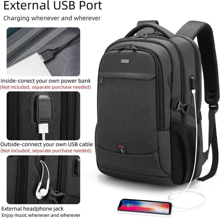 Widok z przodu: Nowoczesny plecak miejski, czarny, z portem USB i eleganckim designem.