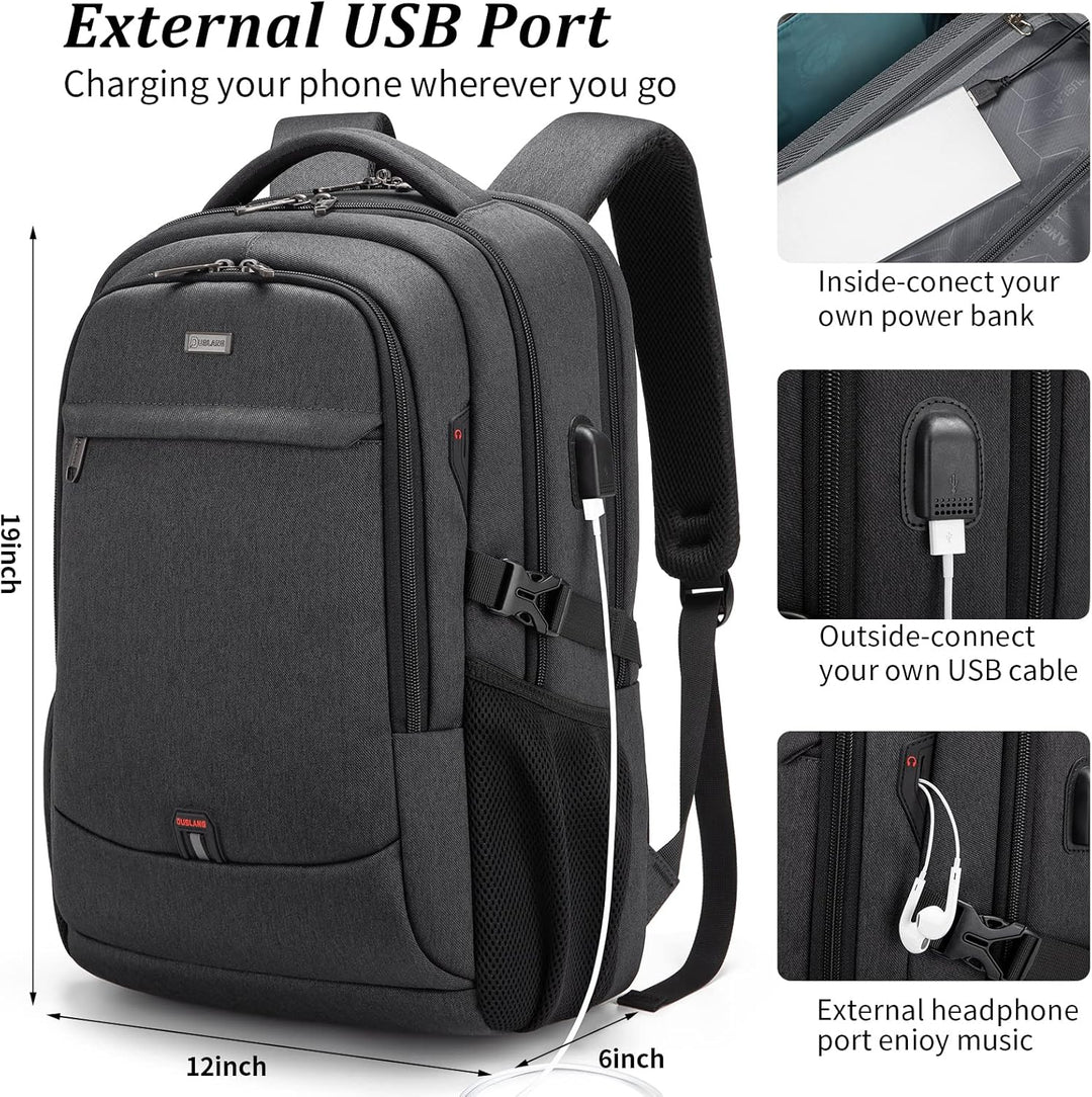 Czarny plecak miejski z USB, pojemny, idealny na sprzęt elektroniczny i dokumenty.