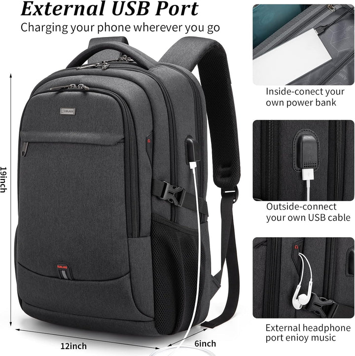 Czarny plecak miejski z USB, pojemny, idealny na sprzęt elektroniczny i dokumenty.