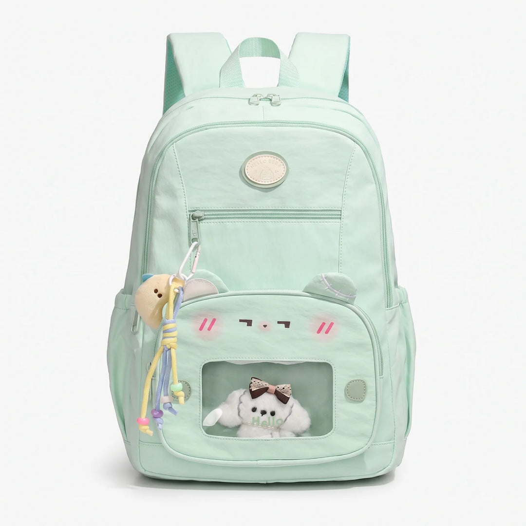 Młodzieżowy plecak Preppy z przezroczystym okienkiem na personalizowane przypinki i gadżety szkolne.