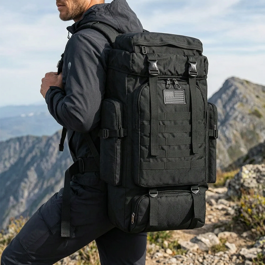 Wytrzymały plecak turystyczny 80L z systemem MOLLE i bocznymi kieszeniami, idealny do outdooru.