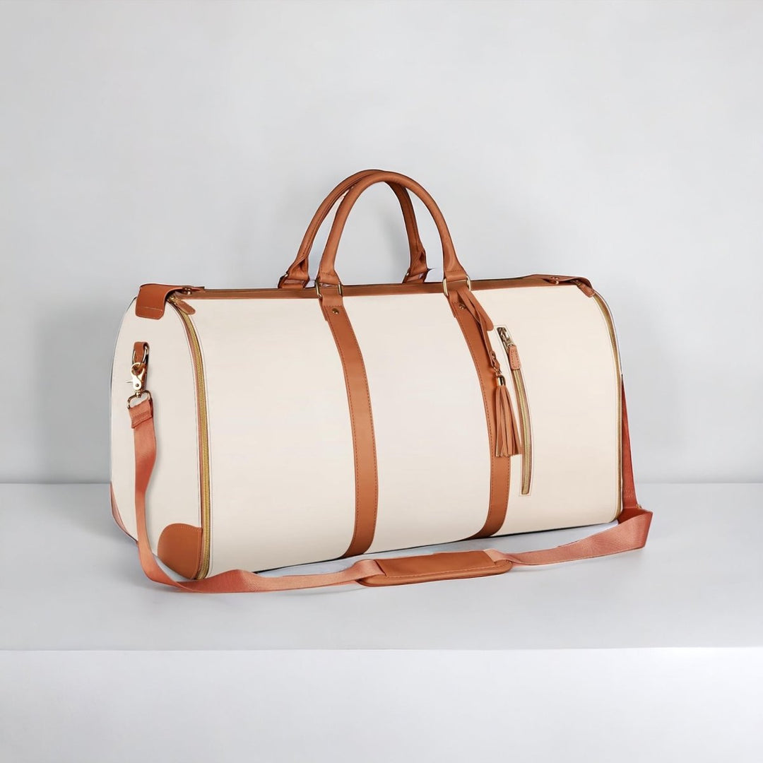 Kompaktowa walizka Smart Voyage z PU w kolorze beżowym, regulowany pasek na ramię, 30-35L, z bocznymi i przednimi kieszeniami.
