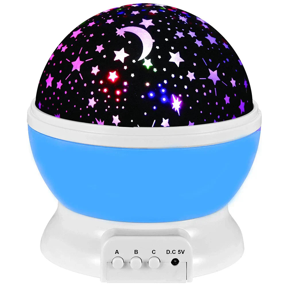 Lampka nocna dla dzieci z projekcją gwiazd na suficie, tworząca kojącą atmosferę, dostępna w kolorach: niebieskim, fioletowym, czarnym i różowym do pokoju dziecka.