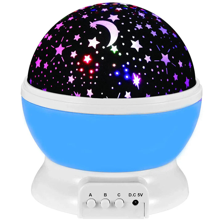 Lampka nocna dla dzieci z projekcją gwiazd na suficie, tworząca kojącą atmosferę, dostępna w kolorach: niebieskim, fioletowym, czarnym i różowym do pokoju dziecka.