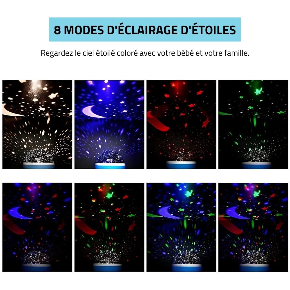Lampka nocna dla dzieci z projekcją gwiazd na suficie, tworząca kojącą atmosferę, dostępna w kolorach: niebieskim, fioletowym, czarnym i różowym do pokoju dziecka.