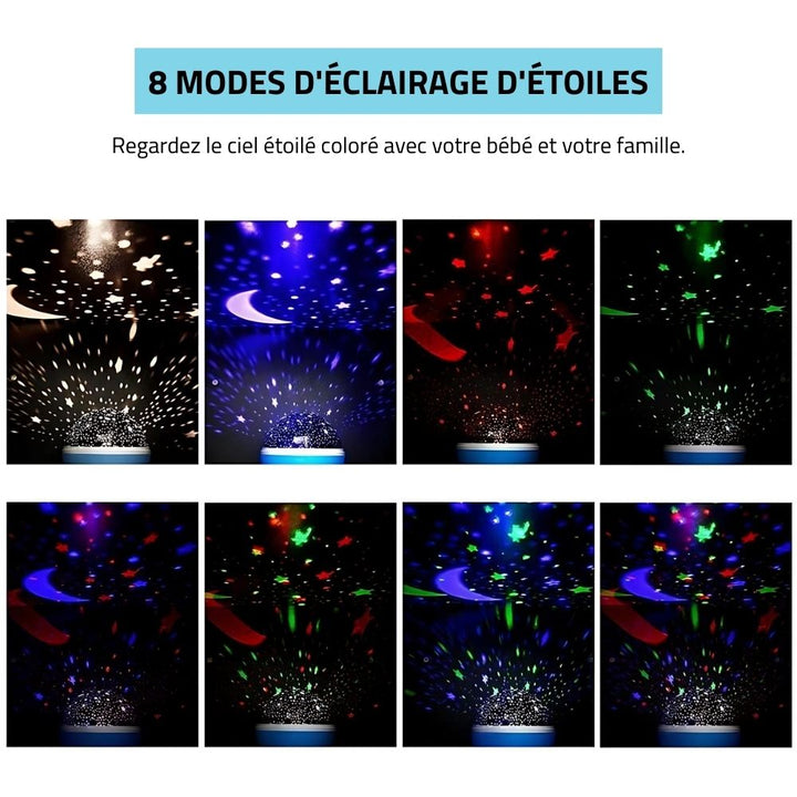 Lampka nocna dla dzieci z projekcją gwiazd na suficie, tworząca kojącą atmosferę, dostępna w kolorach: niebieskim, fioletowym, czarnym i różowym do pokoju dziecka.