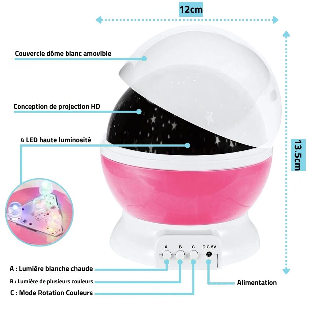 Lampka nocna dla dzieci z projekcją gwiazd na suficie, tworząca kojącą atmosferę, dostępna w kolorach: niebieskim, fioletowym, czarnym i różowym do pokoju dziecka.