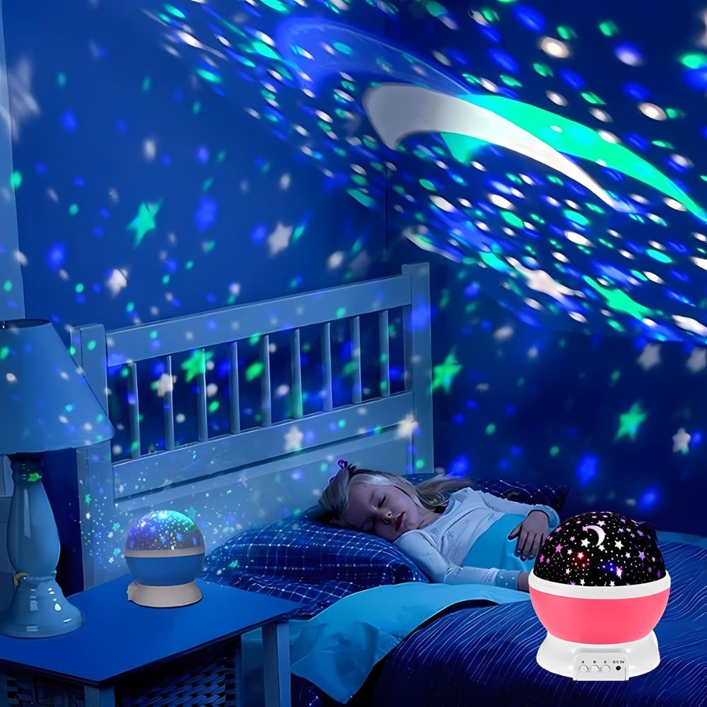 Lampka nocna dla dzieci z projekcją gwiazd na suficie, tworząca kojącą atmosferę, dostępna w kolorach: niebieskim, fioletowym, czarnym i różowym do pokoju dziecka.