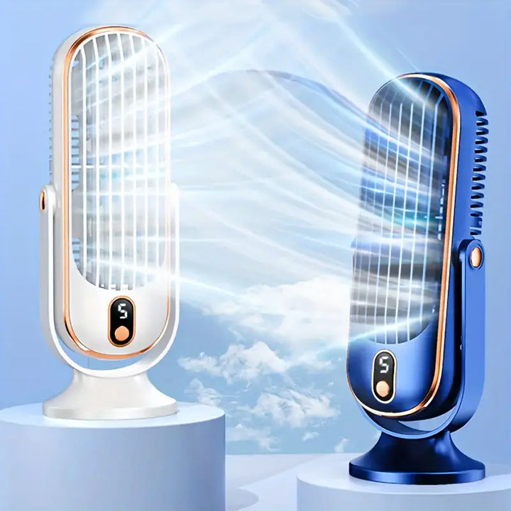Kompaktowy przenośny wentylator klimatyzator, podwójny silnik, zasilanie USB, elegancki biały design, idealny w podróży.