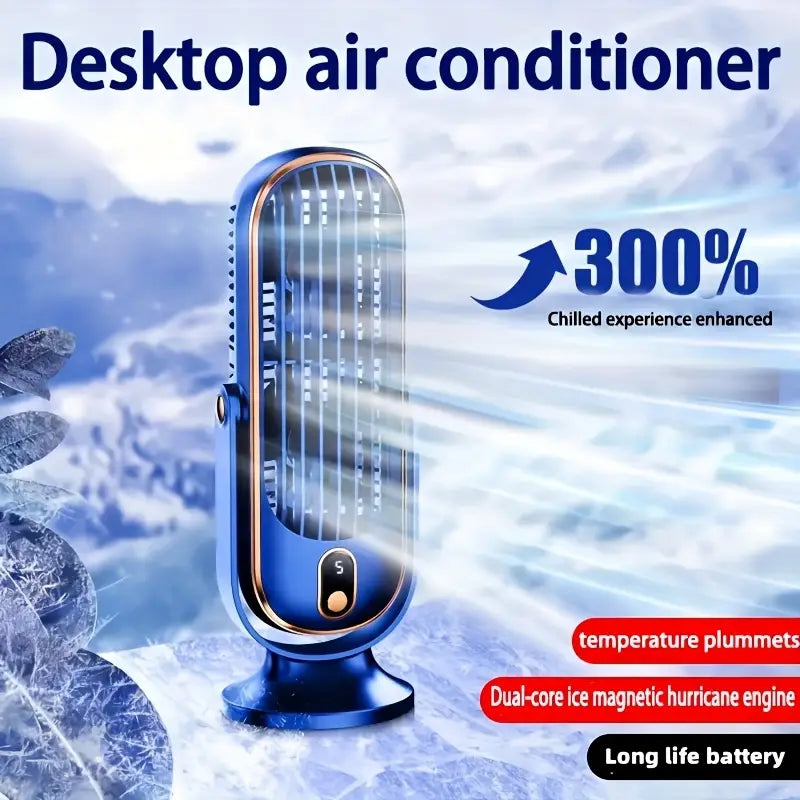 Kompaktowy przenośny wentylator klimatyzator, podwójny silnik, zasilanie USB, elegancki biały design, idealny w podróży.