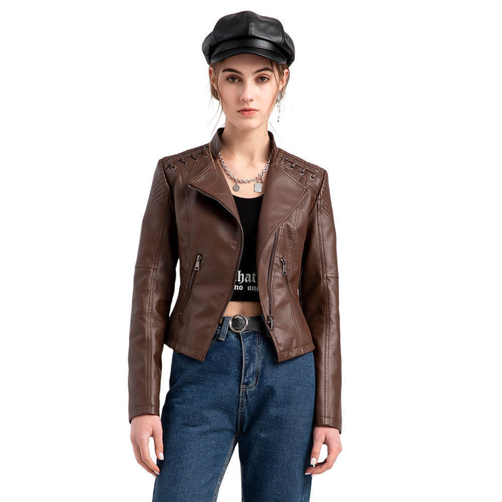 Damska kurtka w stylu retro chic, elegancka, z ukrytymi kieszeniami i zamkiem, brązowa