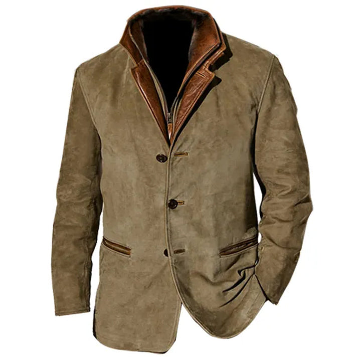Męska kurtka zamszowa vintage, elegancka w stylu retro, z kołnierzem, kieszeniami, dopasowanym krojem, dostępna w wielu kolorach.